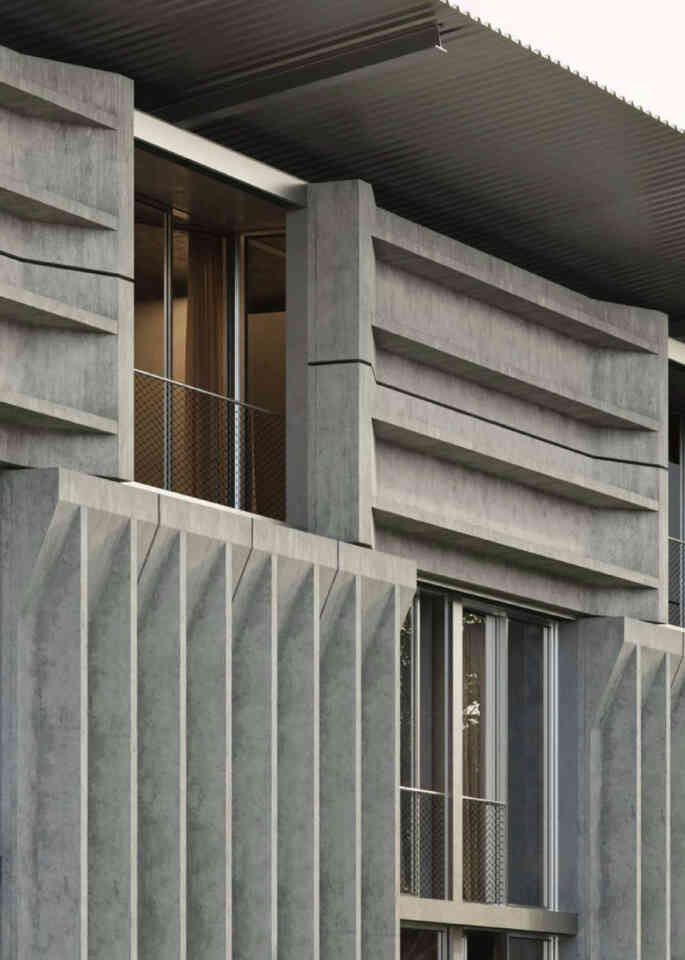 Visualization of the south facade of the four storey block Parabase with permission for publication